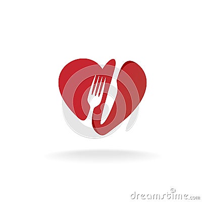 Fork and knife with heart shape lovely food logo. Vector Illustration