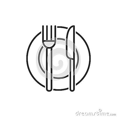 Fork, knife and plate icon in flat style. Restaurant vector illustration on white isolated background. Dinner business concept Vector Illustration