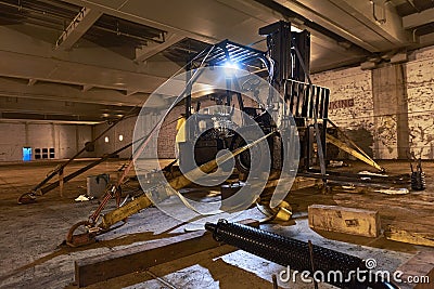 Fork lift repair. Professional service. Car lift. Warehouse transport. Forklift truck loader. Industrial fork lift truck Stock Photo