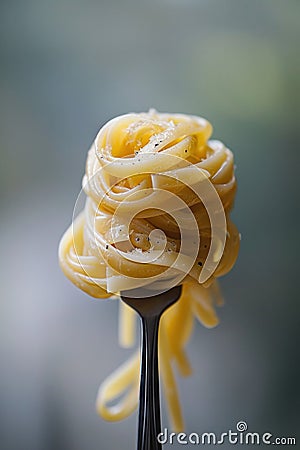 A fork with a pile of spaghetti on it sitting in front, AI Stock Photo