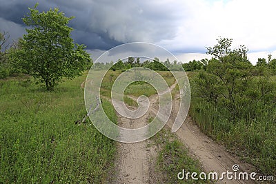 Fork roads in steppe before thunderstorm Stock Photo