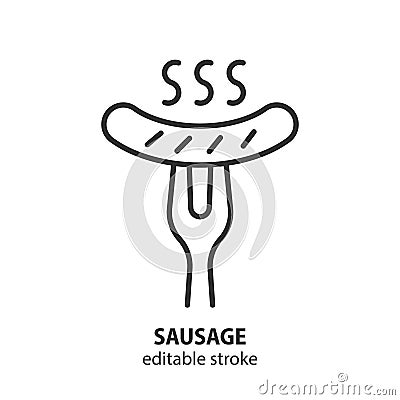 Fork with sausage line icon. Oktoberfest food vector symbol. Editable stroke Vector Illustration