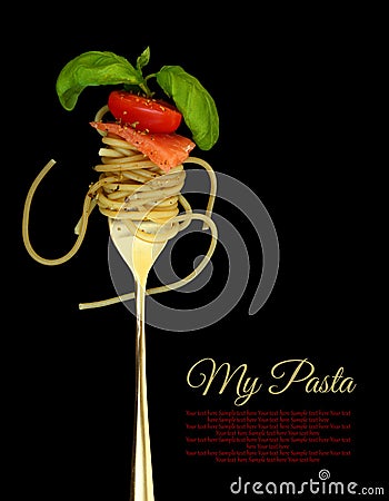 Fork with spaghetti, tomato, salmon and basil Stock Photo