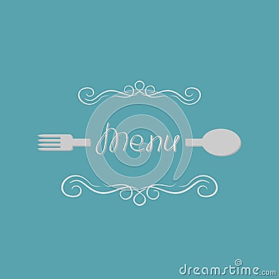 Fork, spoon and abstract calligraphic frame. Menu card. Flat design style. Vector Illustration