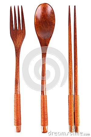 fork spoon chopstick wood isolated on white background Stock Photo