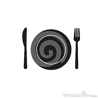 Fork spoon knife plate cafe eating cutlery restaurant eat black dining room on white background Vector Illustration