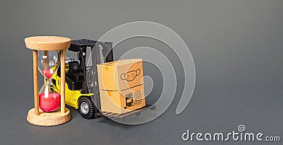 Forklift with boxes and hourglass. Urgent delivery of medicines and medical protective masks. Supply hospitals and populations to Stock Photo