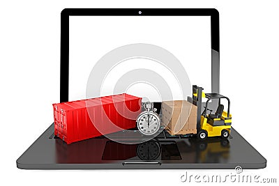 Forklift with Cardboard Boxes and Stopwatch over Laptop Stock Photo