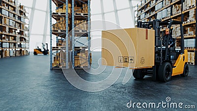 Forklift carrying cardboard boxes in warehouse Cartoon Illustration