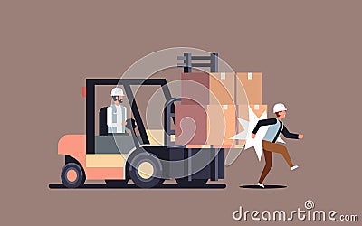 Forklift driver hitting colleague factory accident concept warehouse logistic transport driver dangerous injured worker Vector Illustration