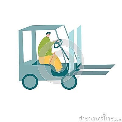 Forklift driver in yellow pants and green shirt operating modern forklift machine Vector Illustration