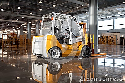 forklift expertly navigates a warehouse surrounded by neatly stacked boxes. Stock Photo