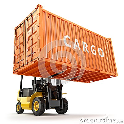 Forklift handling the cargo shipping container box. Stock Photo