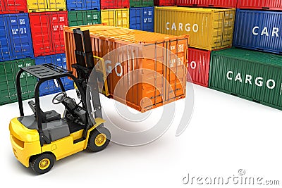 Forklift handling the cargo shipping container box. Stock Photo