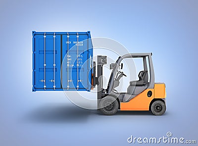 Forklift handling the cargo shipping container side view isolated on blue gradient background 3d render Stock Photo