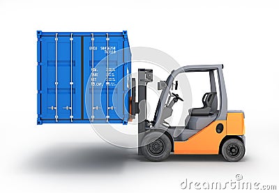 Forklift handling the cargo shipping container side view isolated on white background 3d render Stock Photo