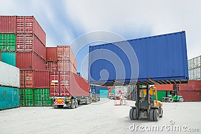 Forklift handling container box loading to truck in import expo Stock Photo