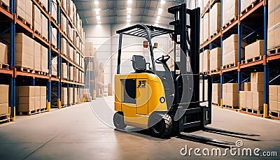 Forklift loader. Pallet stacker truck equipment at warehouse Stock Photo