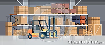 Forklift loader pallet stacker truck equipment warehouse interior background rack box international delivery concept Vector Illustration