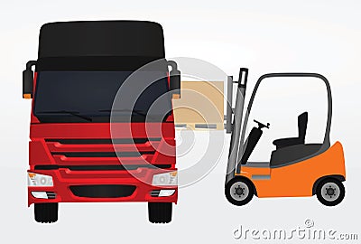 Forklift loading container to delivery truck Vector Illustration