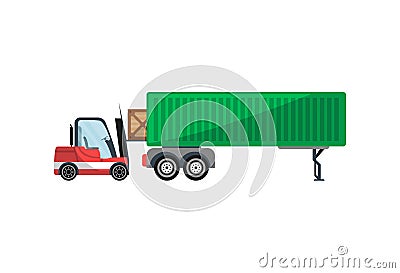 Forklift loading freight truck isolated icon Vector Illustration