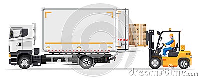 Forklift loading pallet boxes into lorry truck Vector Illustration
