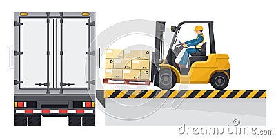 Forklift loading a pallet with boxes to a container truck at the loading and unloading dock. Forklift driving safety. Cargo and Vector Illustration