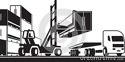 Forklift loading tractor truck with container Vector Illustration