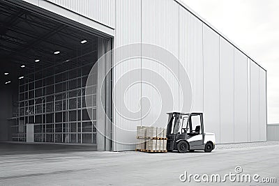 Forklift loads pallets and boxes into a huge hangar or warehouse. Generative AI. Stock Photo