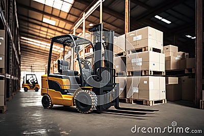 Forklift loads pallets and boxes in warehouse Stock Photo
