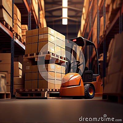 Forklift loads pallets and boxes in a warehouse Stock Photo