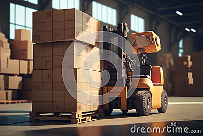Forklift loads pallets and boxes in warehouse. Generative AI illustration Cartoon Illustration
