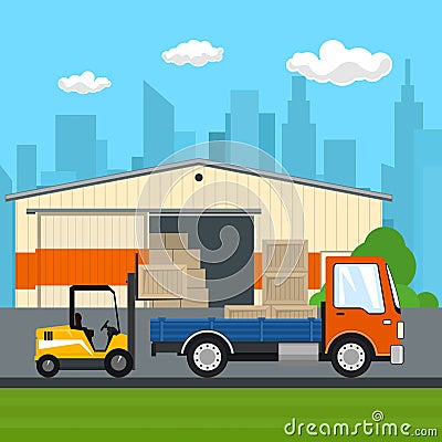 Forklift Loads or Unloads Boxes from a Truck Vector Illustration