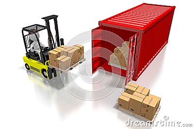 Forklift machine, cargo container - 3D rendering Stock Photo