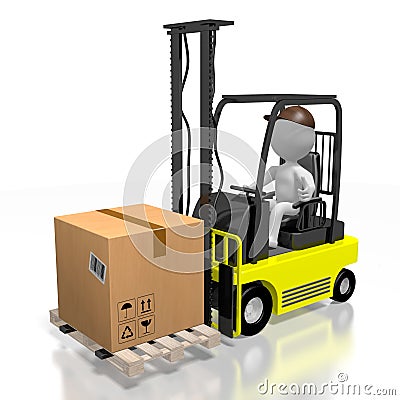 Forklift machine, worker, package - 3D rendering Stock Photo