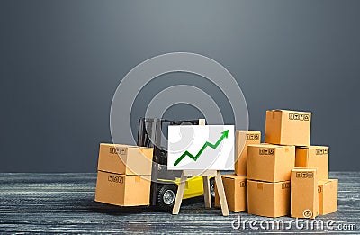 Forklift near boxes and easel with green arrow up. Growth trade and production rates, increased sales. High import export. Stock Photo