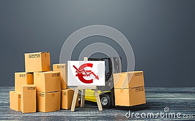 Forklift near boxes and easel red euro symbol down arrow. Price reduction. Low competitiveness of goods. Decline in production, Stock Photo