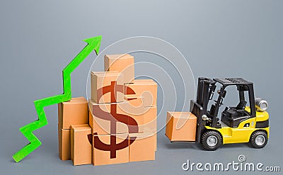 Forklift near a stack of dollar boxes with a green up arrow. Sales growth concept. Production and freight of goods Stock Photo