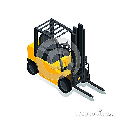 Forklift for raising and transporting goods, working transport Vector Illustration