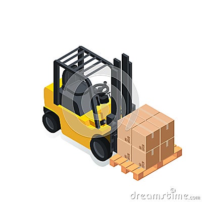 Forklift for raising and transporting goods, working transport Vector Illustration