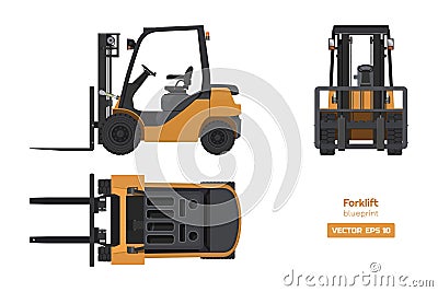 Forklift in realistic style. Top, side and front view. 3d image. Industrial isolated drawing of orange loader Vector Illustration