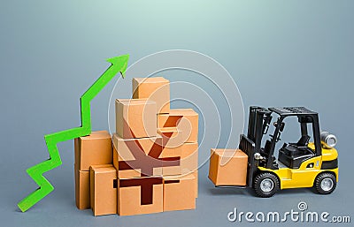 Forklift and stack of boxes with yen or yuan symbol and green up arrow. Sales growth concept. Increase imports and exports, post Stock Photo