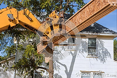 Forklift stacker loader construction showing joists trusses Stock Photo