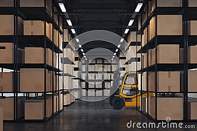 Forklift transporting cargo at warehouse. Forklift loader at storehouse. Pallet stacker truck equipment. 3d rendering. Stock Photo