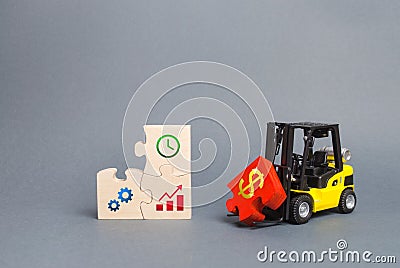 Forklift truck brings the missing red puzzle to the unfinished set. Attracting investment to the project, search for funding Stock Photo