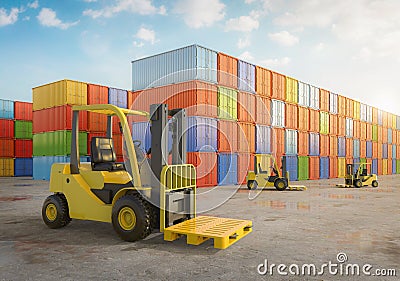 Forklift truck at container terminal Stock Photo