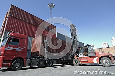 Forklift, truck and containers Stock Photo