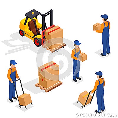 Forklift Truck With Delivery Workers on White Background, Vehicle Forklift Picks up a Box Vector Illustration
