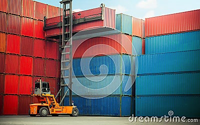 Forklift truck handling cargo shipping container box in logistic shipping yard with cargo container stack in background Stock Photo