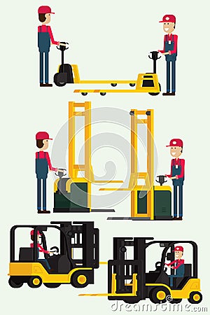 Forklift truck with human worker and worker man towing hand fork Vector Illustration